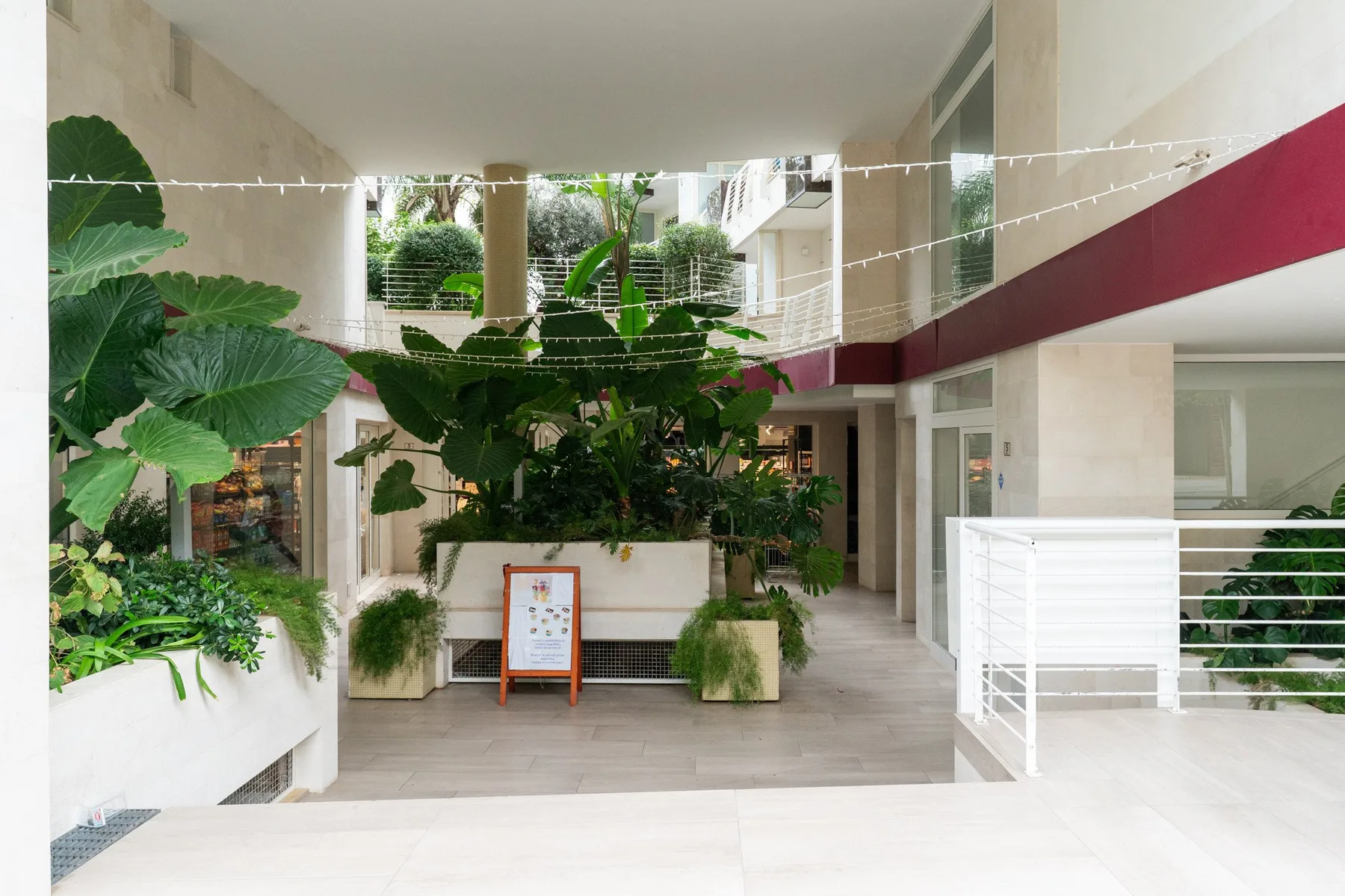 An indoor atrium with abundant greenery and a white railing along the walkway.