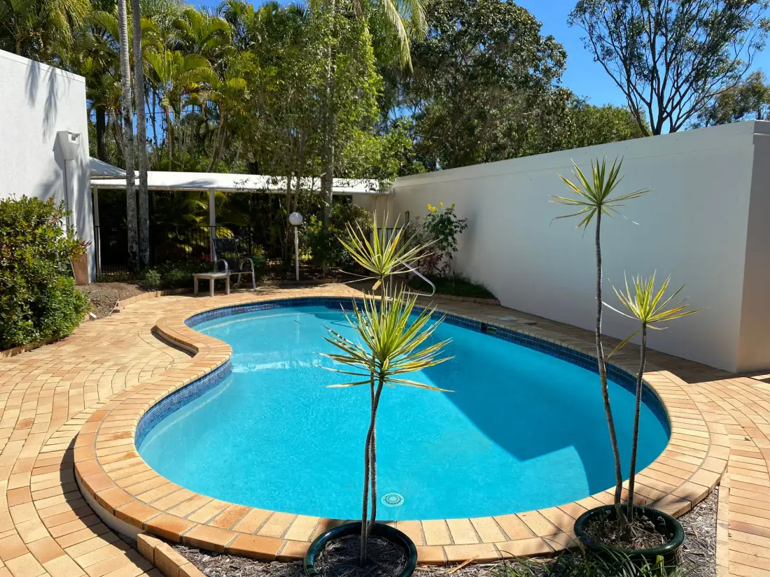 Una piscina curva ocupa un patio soleado rodeado de árboles.