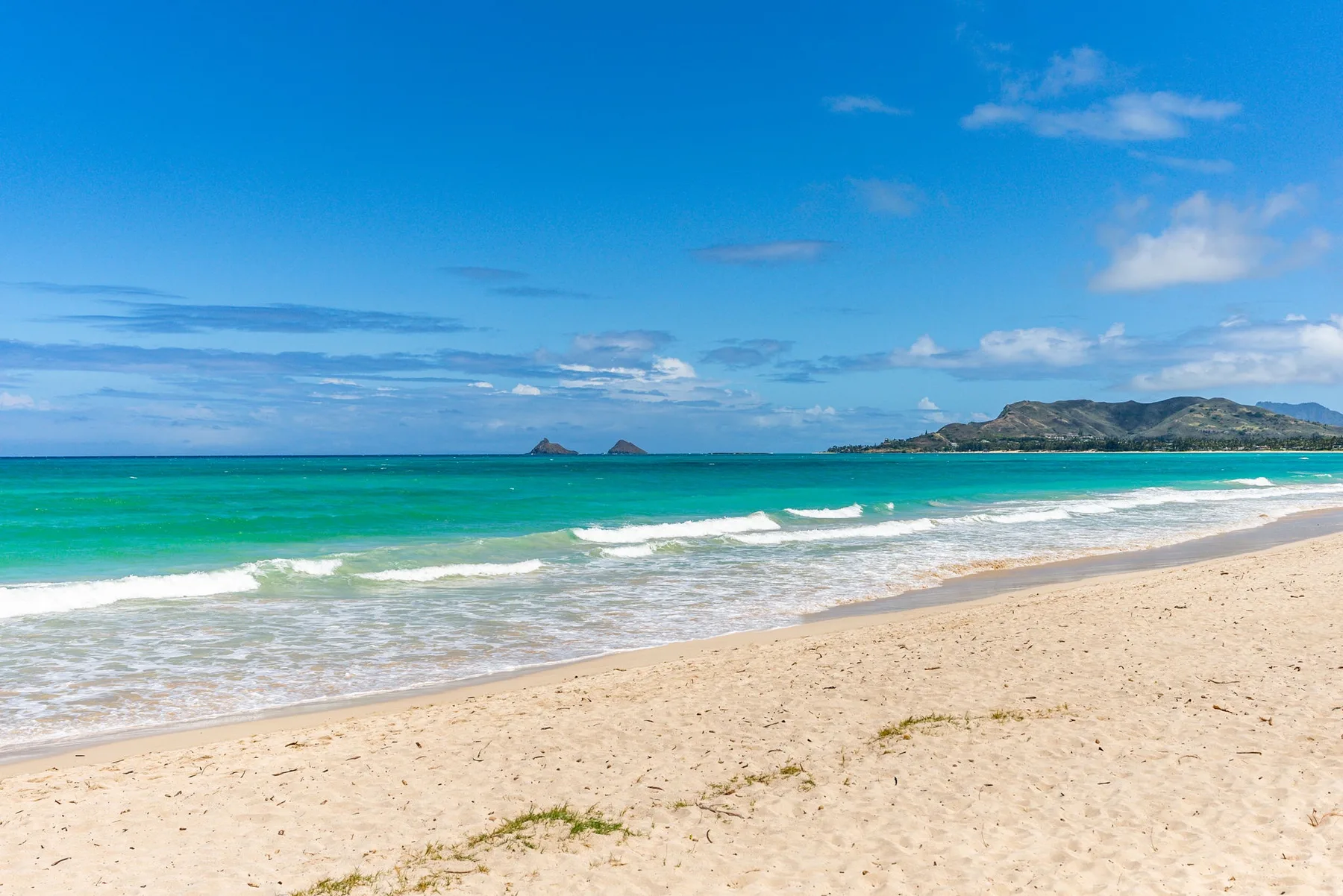 Una playa de arena se encuentra con aguas turquesas bajo un cielo azul.