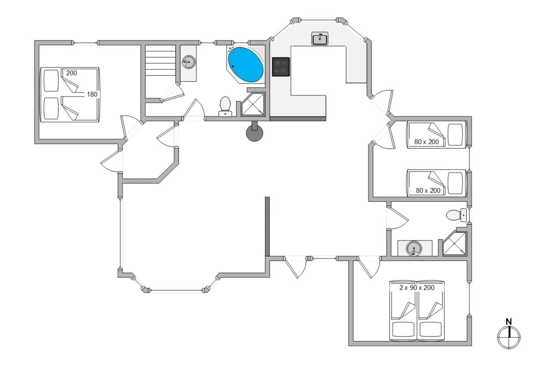 A floor plan shows several rooms arranged around a large central open area.