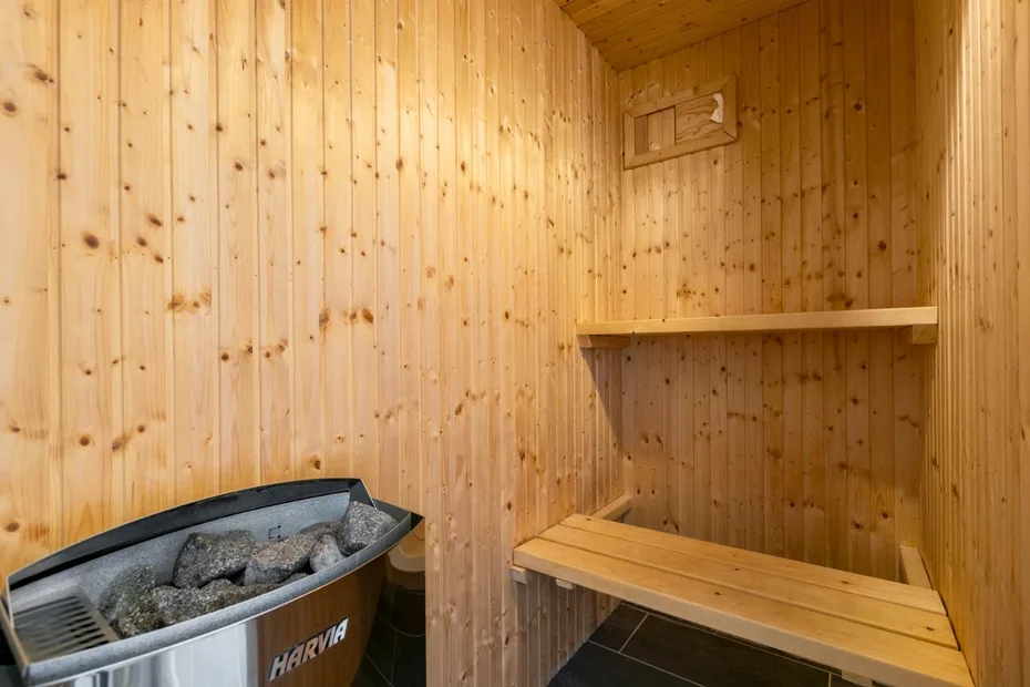 A wooden sauna room with a heater and tiered benches.