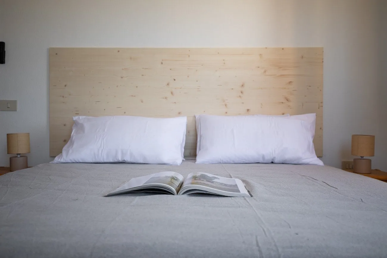 A bedroom with a neatly made bed, two pillows, and an open book.