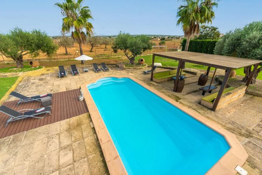 Una piscina al aire libre junto a una zona de asientos con sombra y jardines.