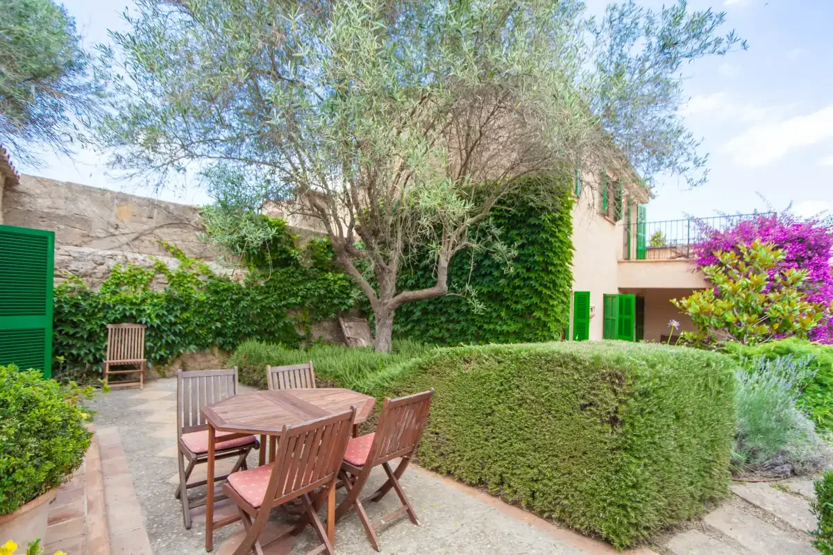 Un patio exterior tiene una mesa de comedor de madera y sillas junto a un seto recortado.