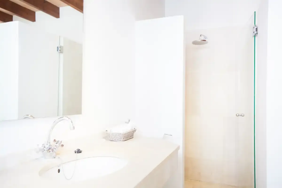 Un baño luminoso con lavabo y ducha.