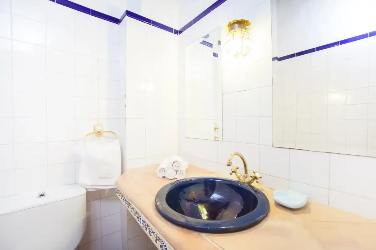 Un baño alicatado con un lavabo oscuro integrado en una encimera.