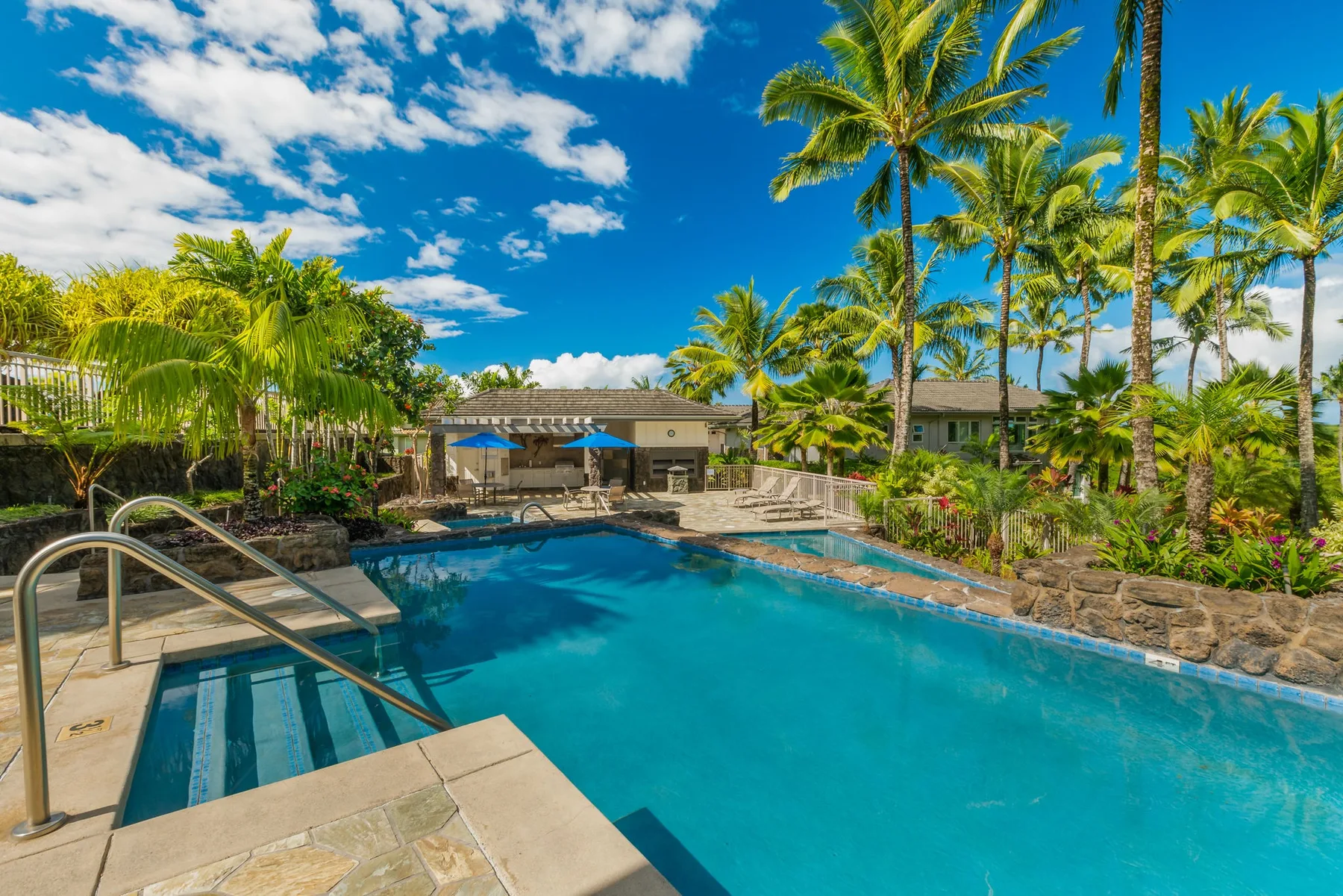 A swimming pool surrounded by palm trees and tropical landscaping.