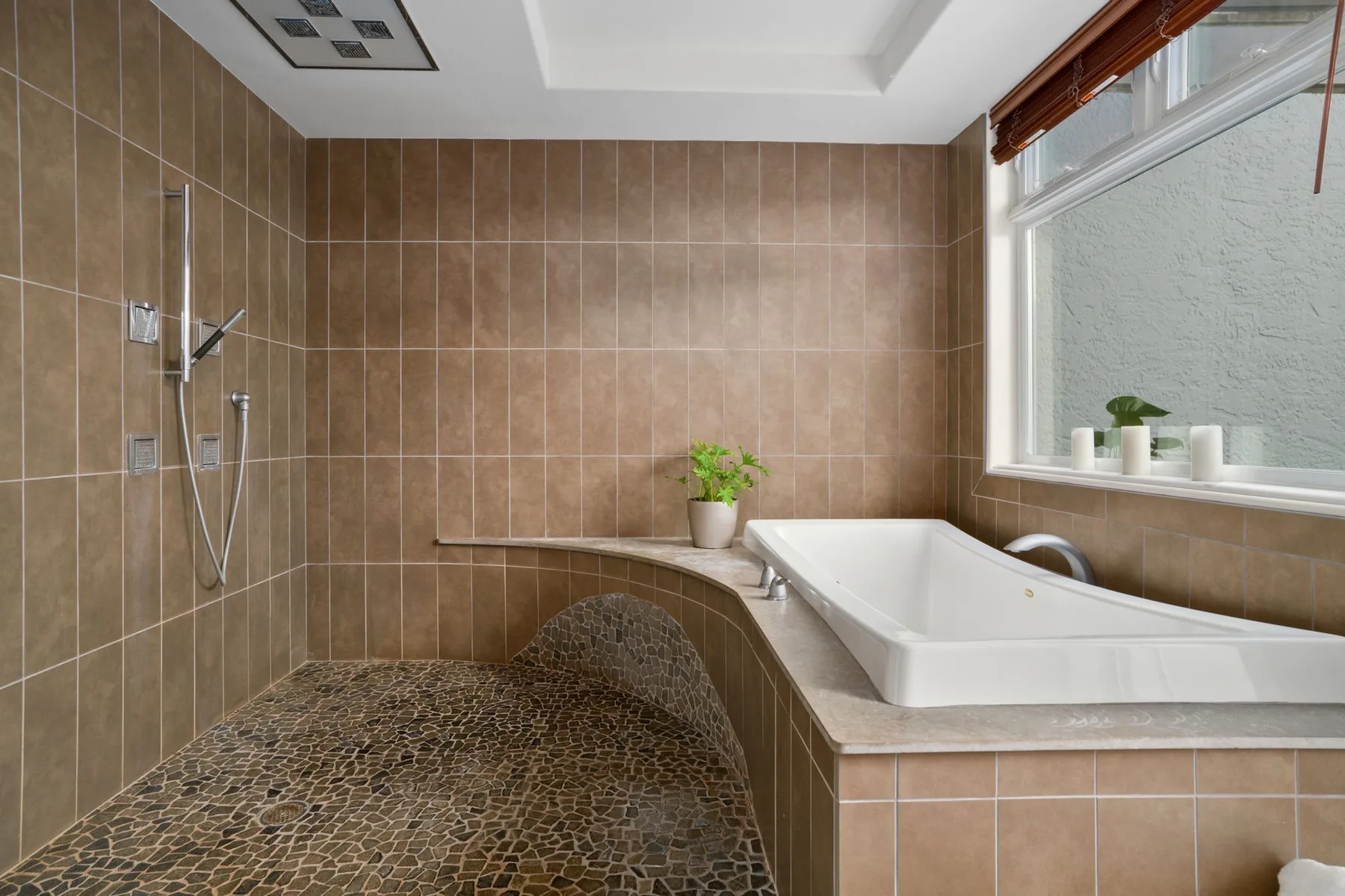 A tiled bathroom with a bathtub, shower fixtures, and a small potted plant.