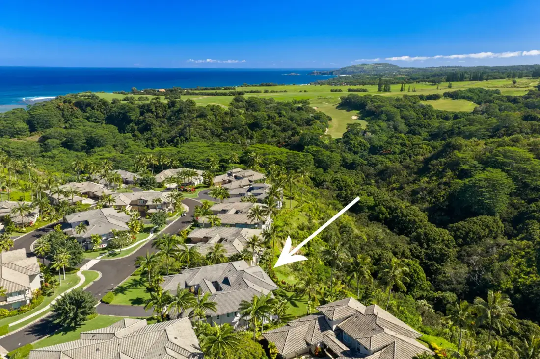 An aerial view of a resort among tropical greenery, with the ocean in the distance.