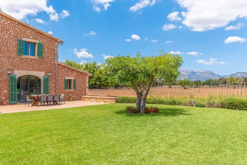 Una casa de piedra da a un amplio césped verde con un árbol y asientos al aire libre.
