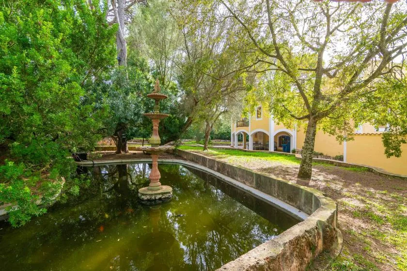 A garden pond with a fountain sits beside a yellow building among mature trees.