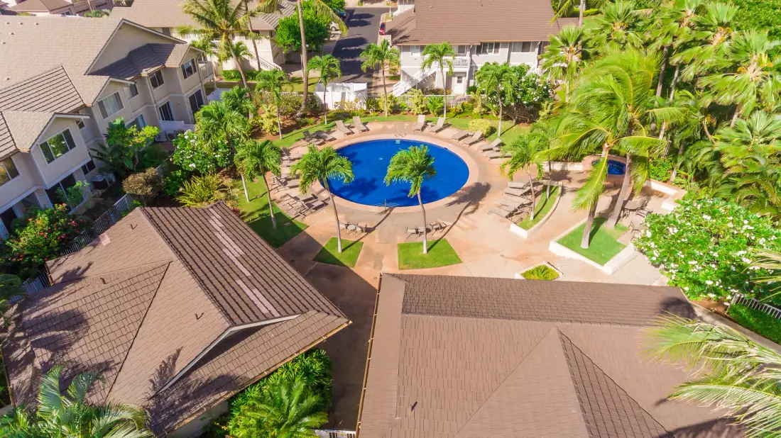 Vista aérea de una piscina azul curva rodeada de edificios y palmeras.