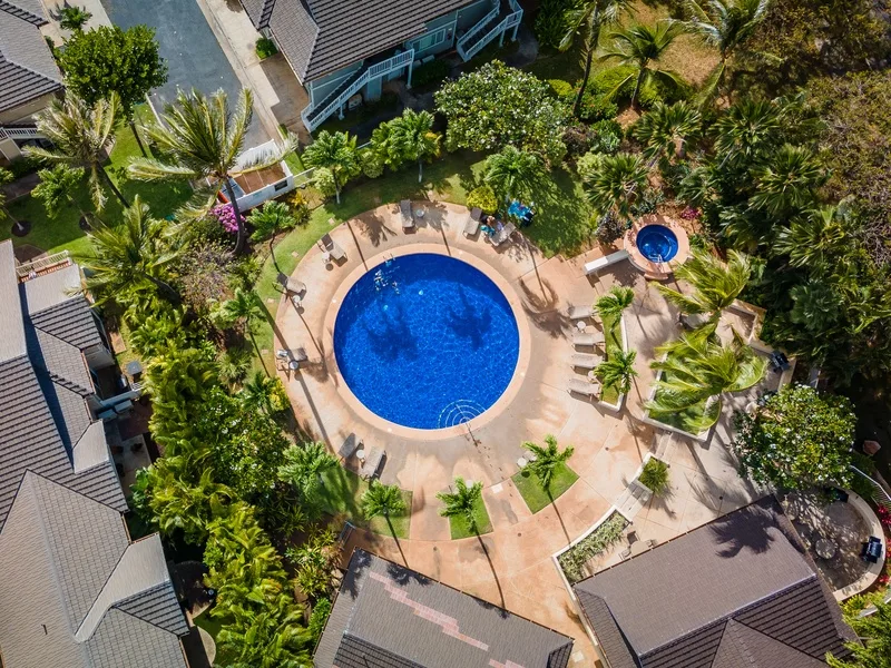 Vista aérea de una piscina redonda rodeada de vegetación tropical.