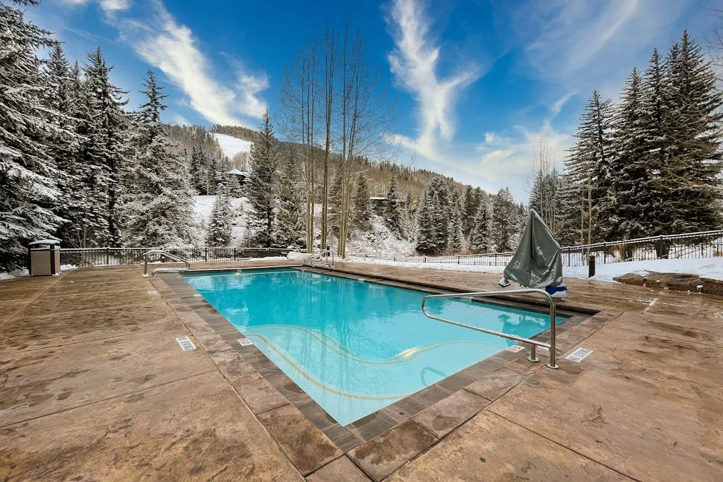 Una piscina al aire libre está en una amplia terraza rodeada de árboles nevados.