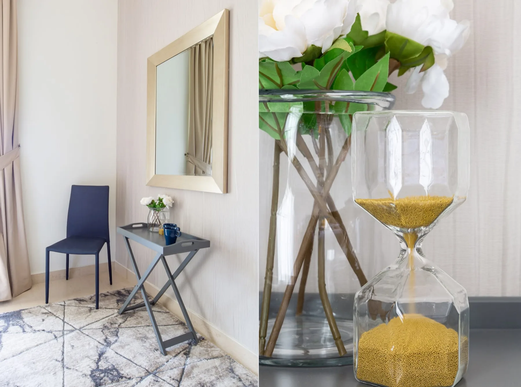 A sitting area with a chair, small table, and floral arrangement.