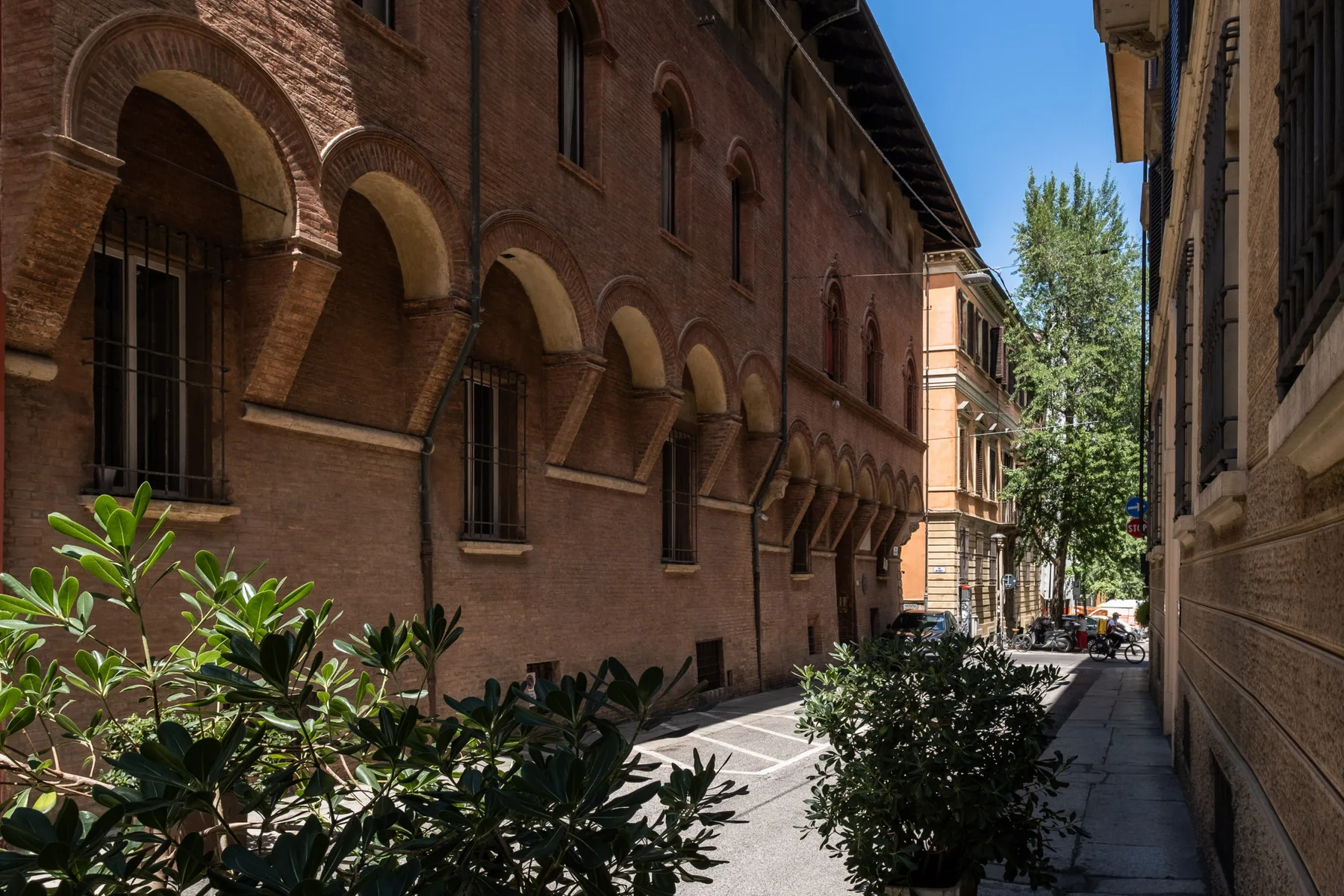 Una calle estrecha pasa entre edificios de ladrillo, con arbustos frondosos junto a la acera.