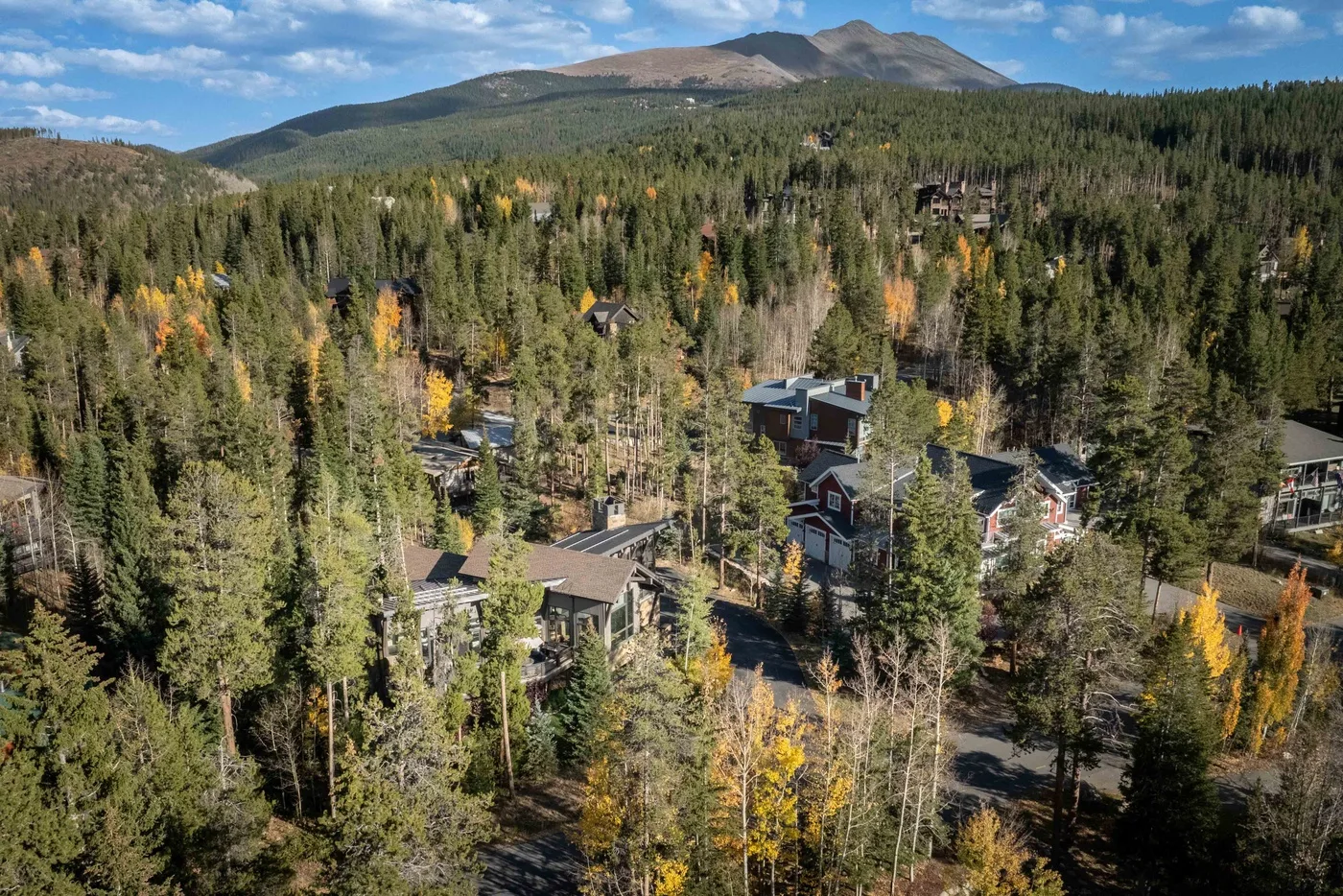 Aerial view of homes among forested hills beneath a mountain ridge.