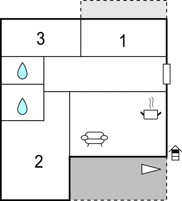 Un plano sencillo muestra áreas numeradas, símbolos de agua, asientos y una taza humeante.