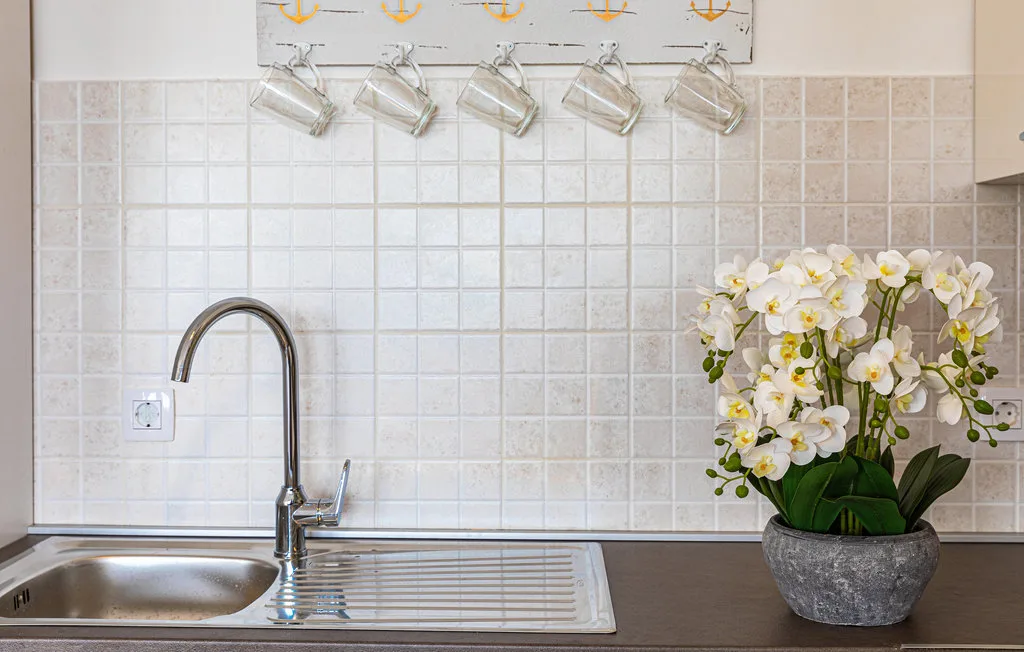Zona de fregadero de cocina con azulejos, grifo curvo y una planta con flores.