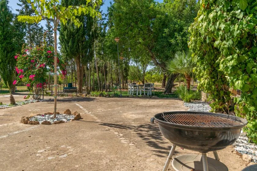 Un patio ajardinado con sombra, una parrilla redonda y árboles.