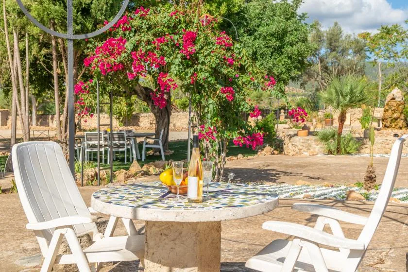 Un patio al aire libre con una mesa redonda bajo enredaderas en flor.
