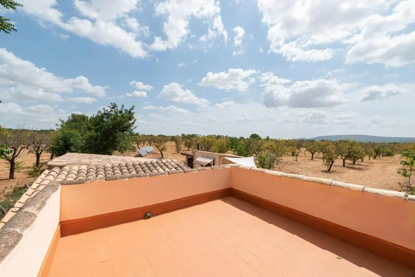 Una terraza en la azotea con suelo naranja mira hacia un paisaje seco salpicado de árboles.