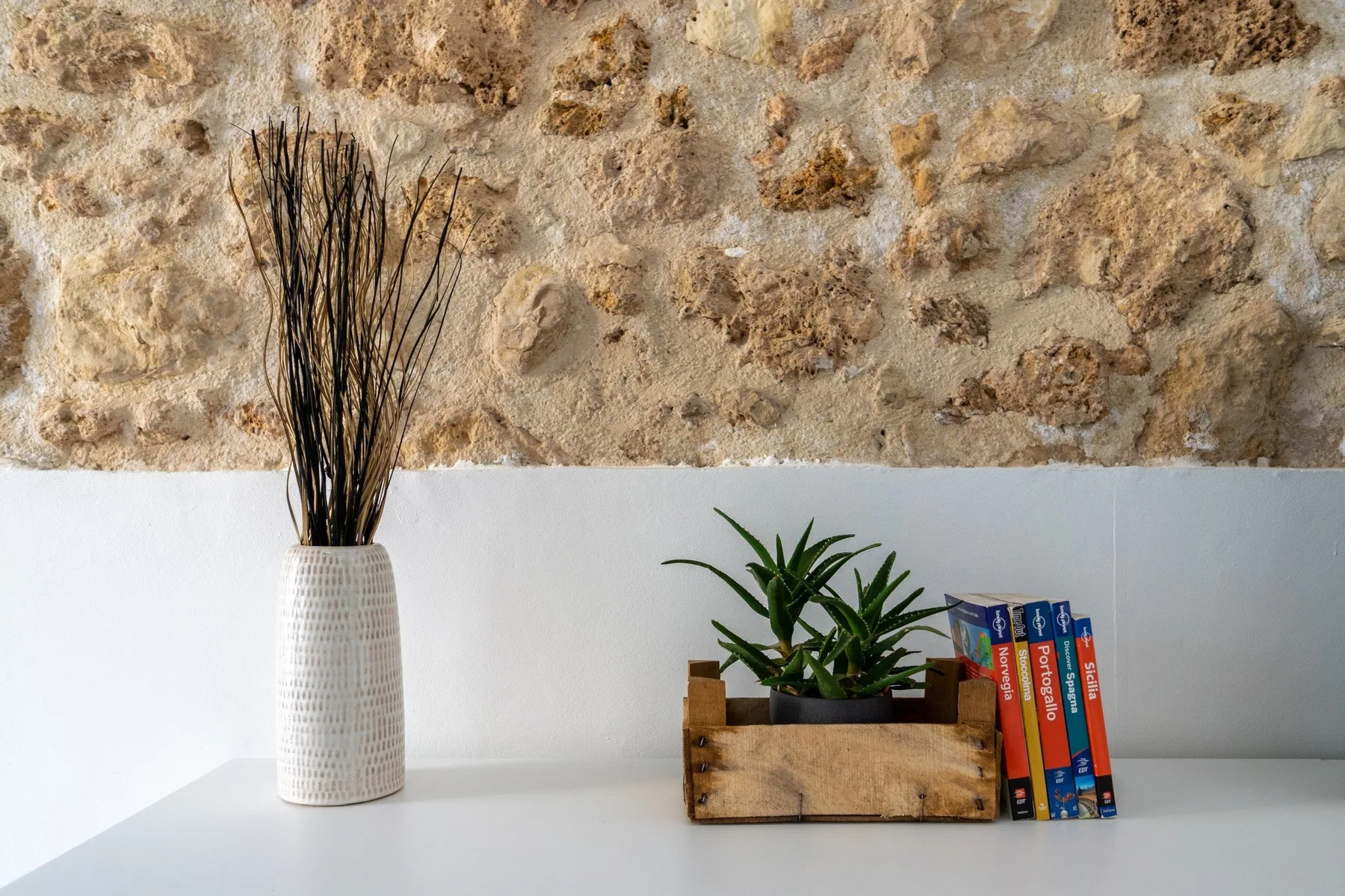 A white shelf displays a vase of dried stems, a small potted plant, and books.