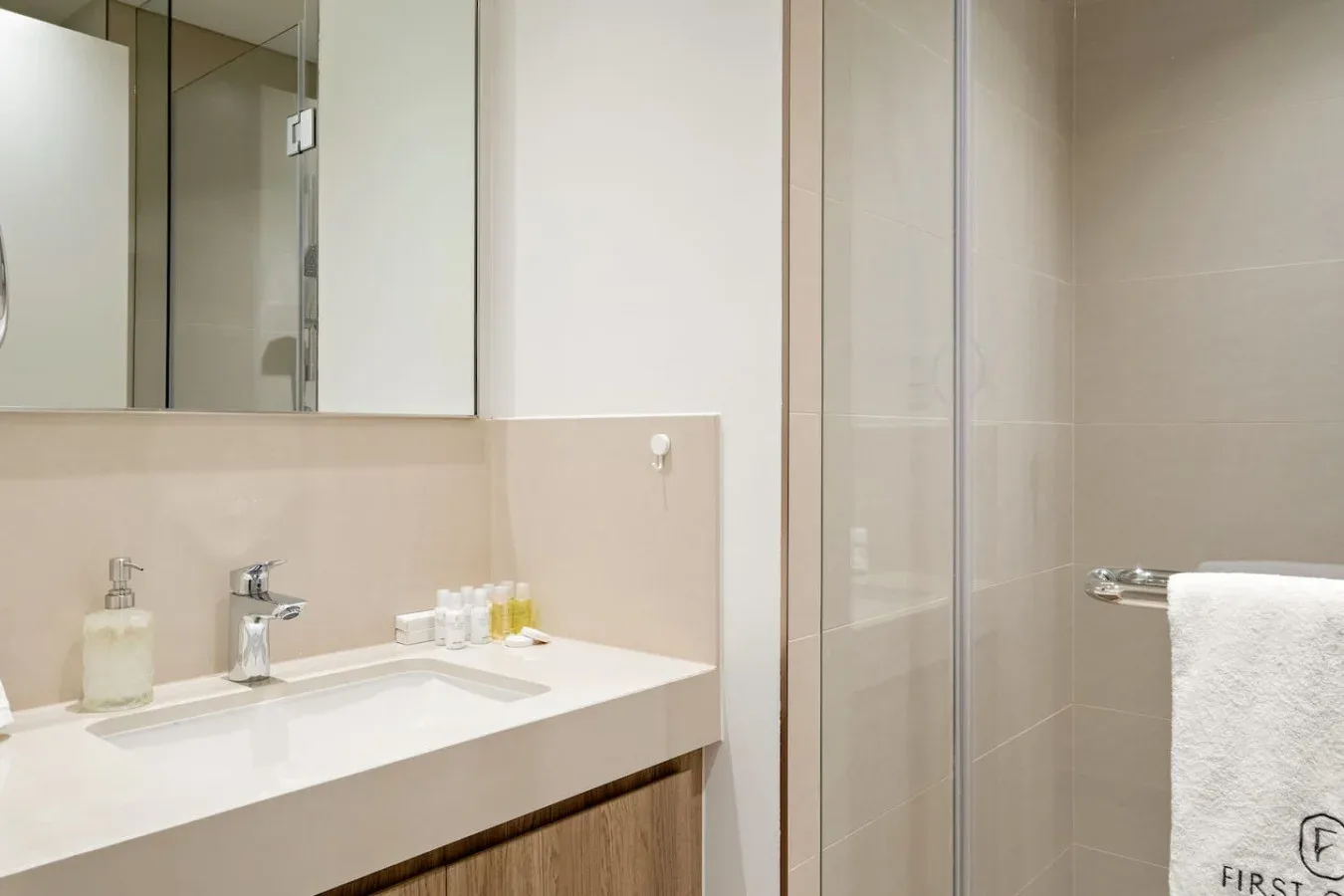 Un lavabo de baño con espejo junto a una ducha.