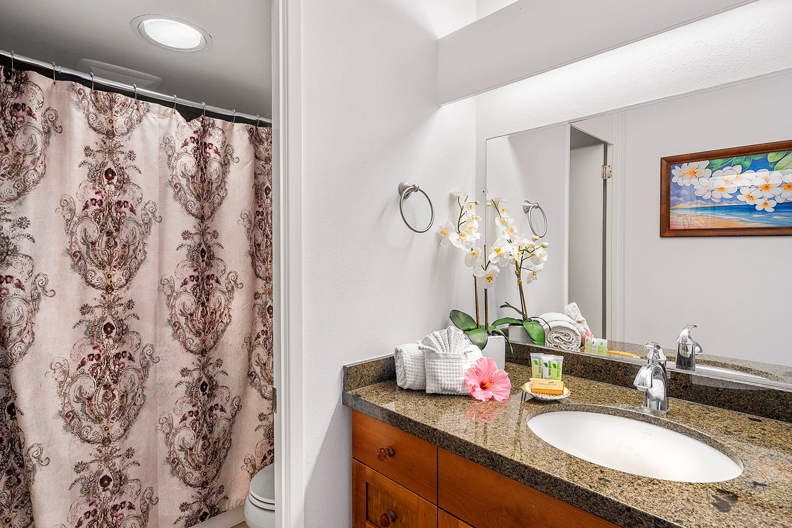 Un lavabo de baño con espejo junto a una cortina de ducha estampada.