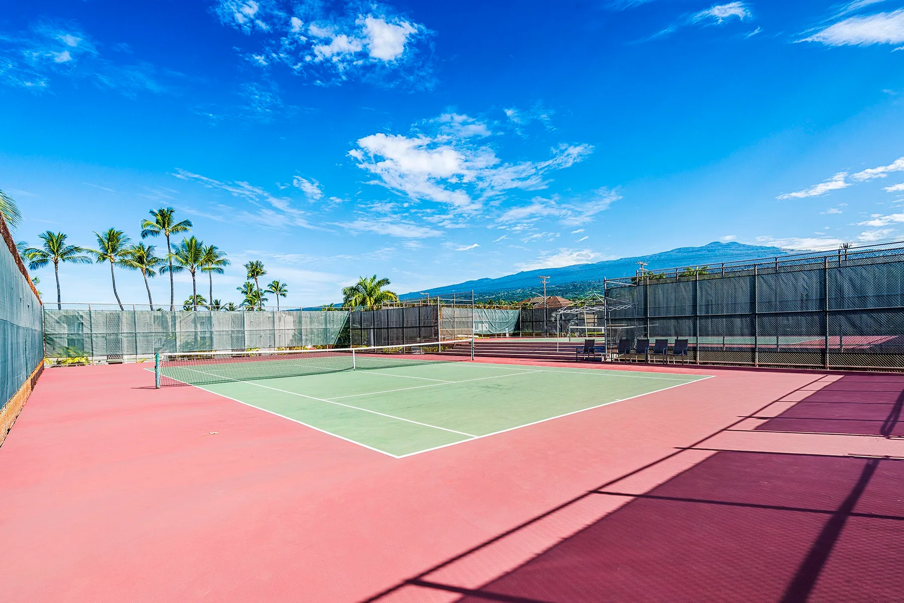 Una cancha de tenis al aire libre, con palmeras y montañas a lo lejos.