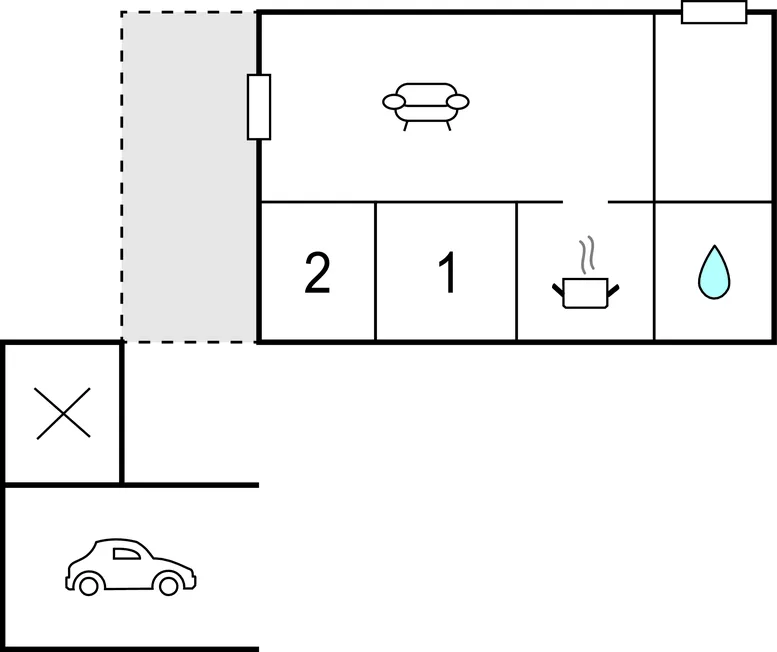 A floor plan shows a seating area, two labeled rooms, and a kitchen area.