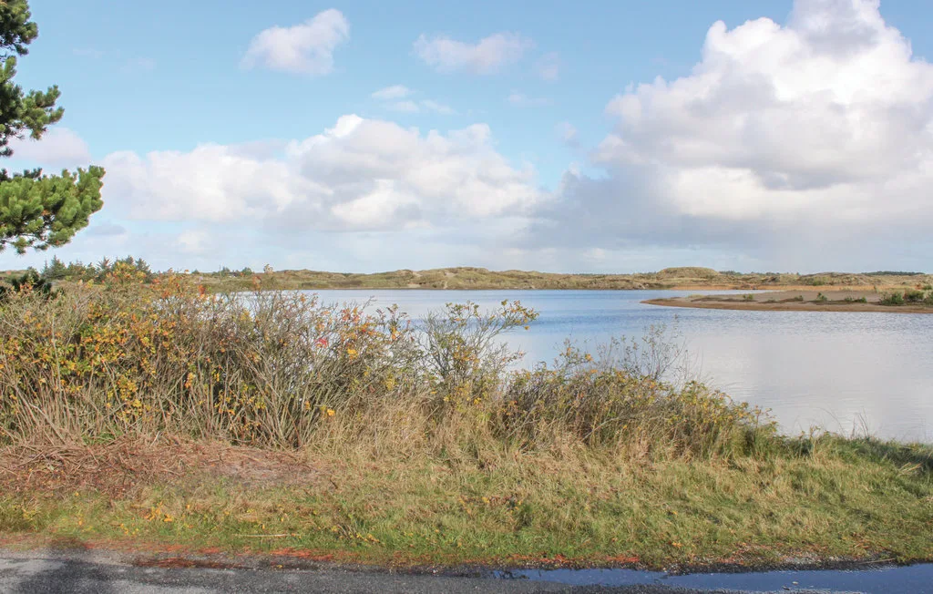 A lakeside landscape with grassy banks, shrubs, and a partly cloudy sky.