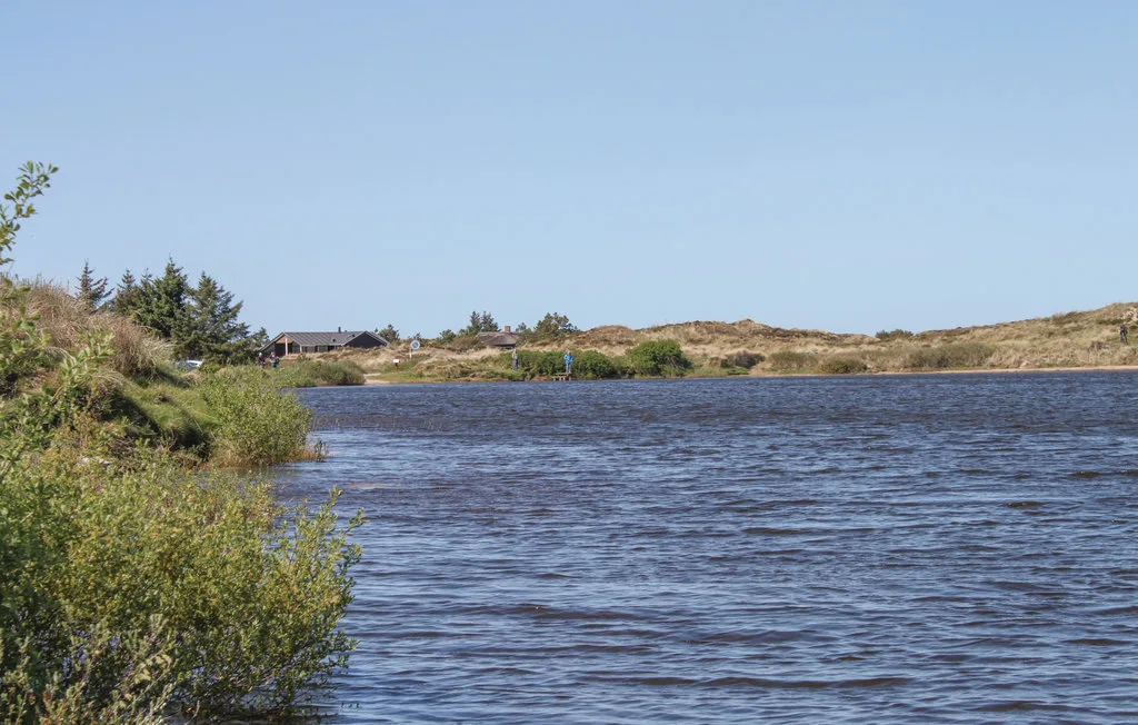 A calm lake bordered by green shrubs and low grassy banks.