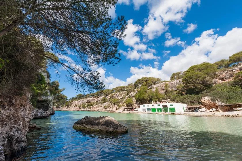 A sheltered cove with clear water, rocky shores, and trees overhead.