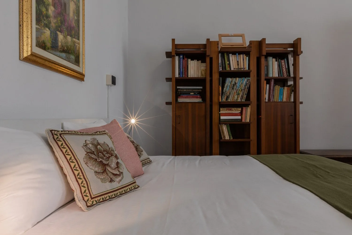 Un dormitorio con una cama, cojines decorativos y una estantería en la pared del fondo.