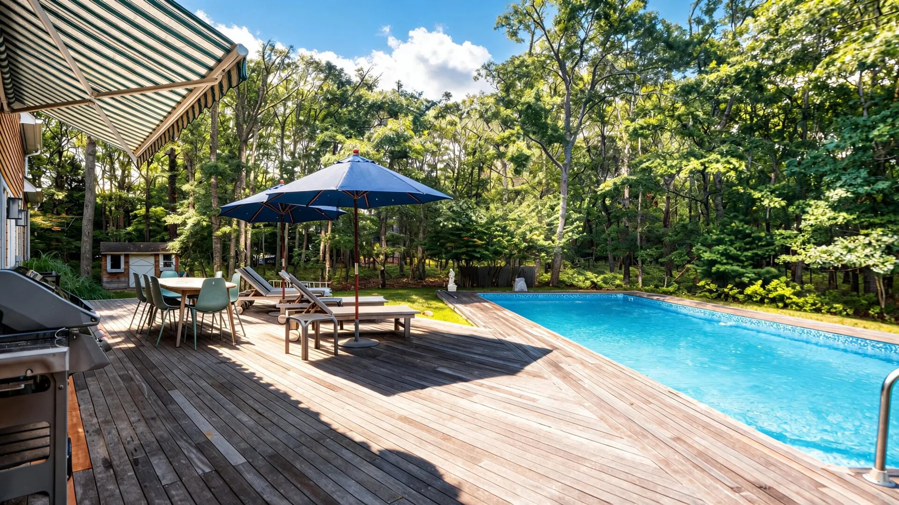 Una piscina exterior junto a una terraza de madera con asientos y un comedor sombreado.