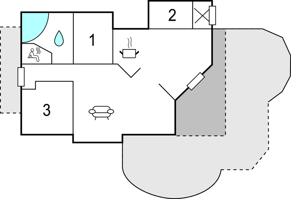 Un plano muestra varias habitaciones, asientos y una zona de baño.