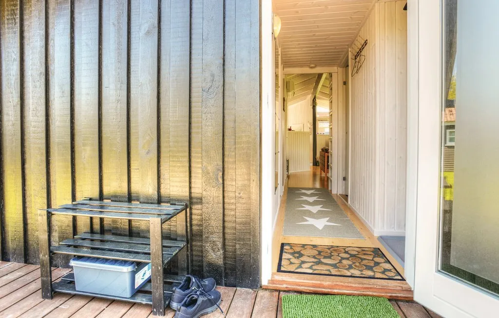 Una entrada con un pasillo largo y tapetes con estampados.