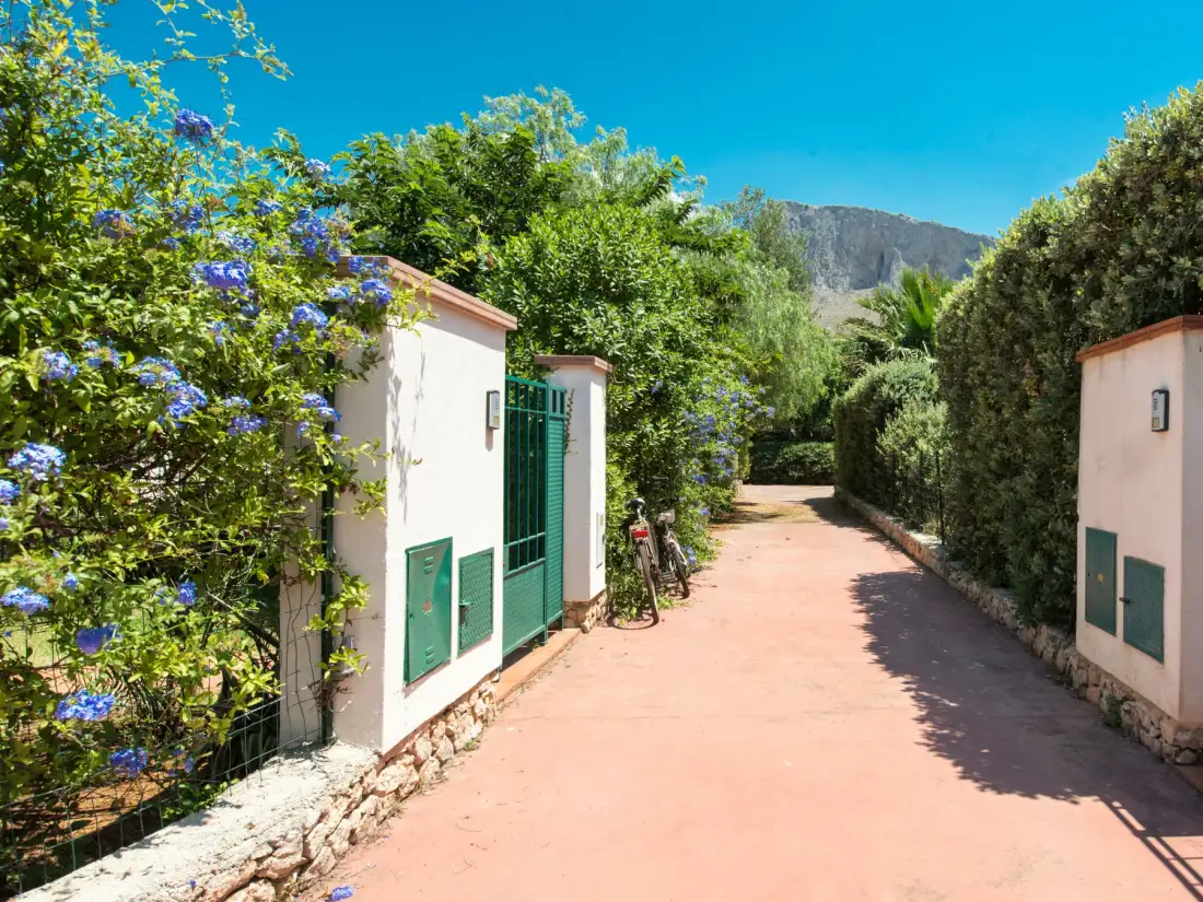 A paved garden path runs between white walls and leafy shrubs.