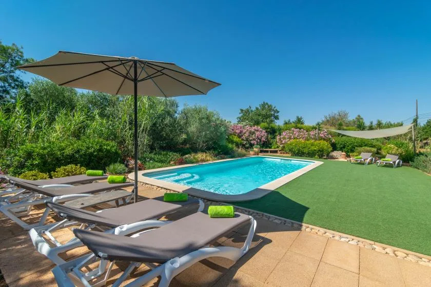 Una piscina al aire libre está junto a asientos reclinables y un jardín.