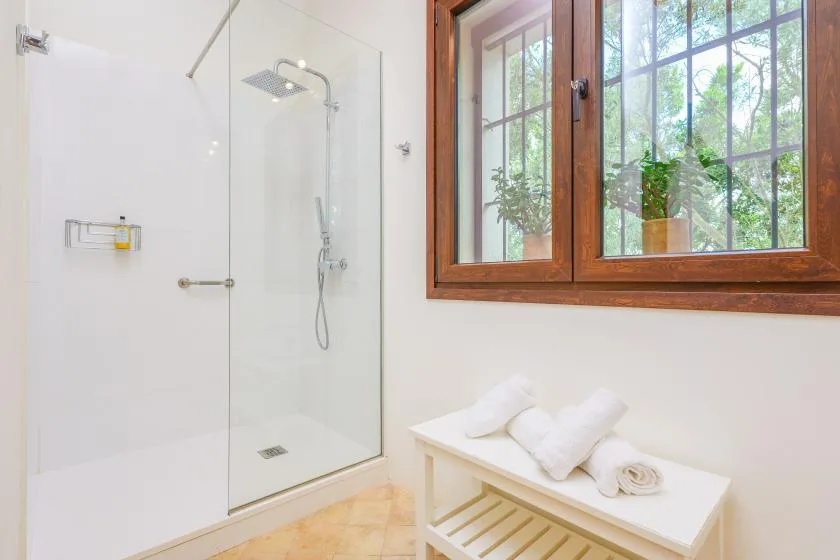 Un baño luminoso con una ducha de vidrio y una ventana con marco de madera.