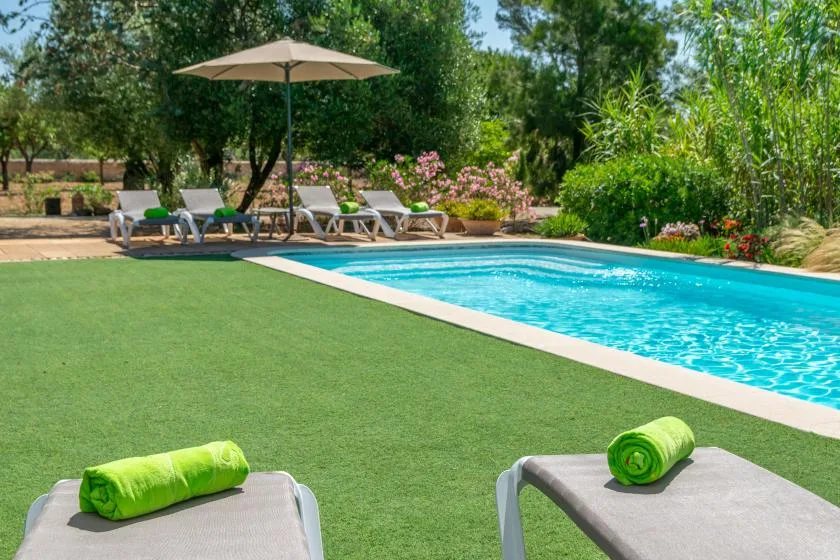 Una piscina al aire libre junto a un césped, con tumbonas y plantas de jardín.