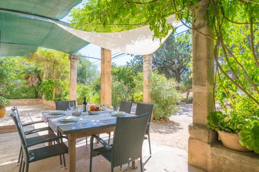 Comedor al aire libre con una mesa y asientos bajo la sombra de árboles.