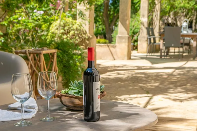 Una mesa de comedor al aire libre con copas y una botella de vino está bajo la sombra de los árboles.