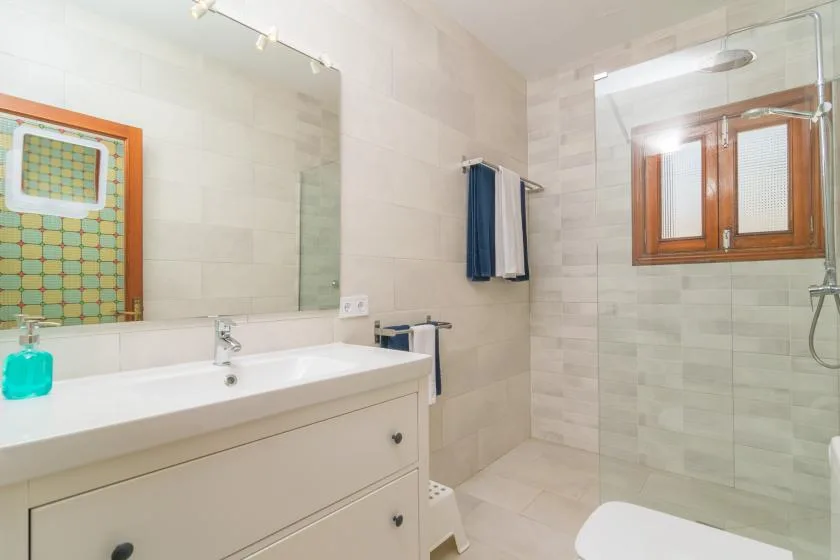 Un baño alicatado con una amplia encimera con lavabo, espejo y ducha.