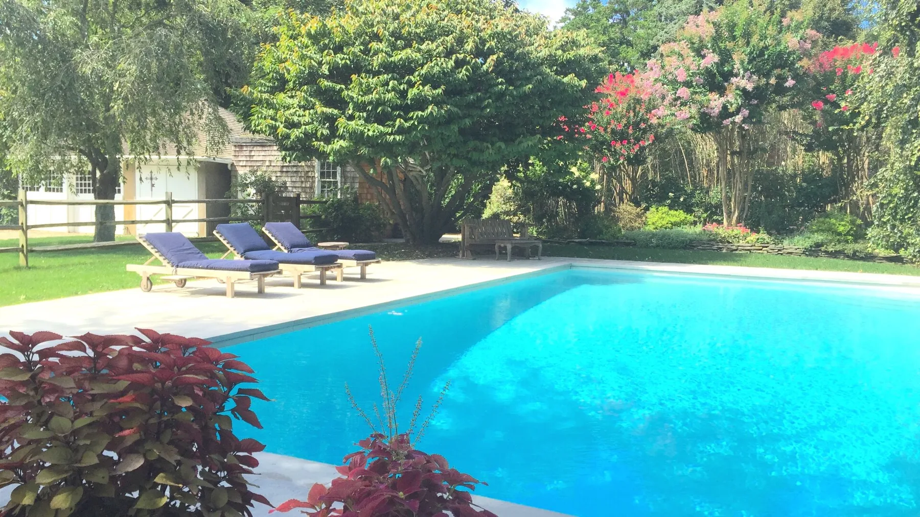Una piscina al aire libre rodeada de vegetación y asientos de descanso.