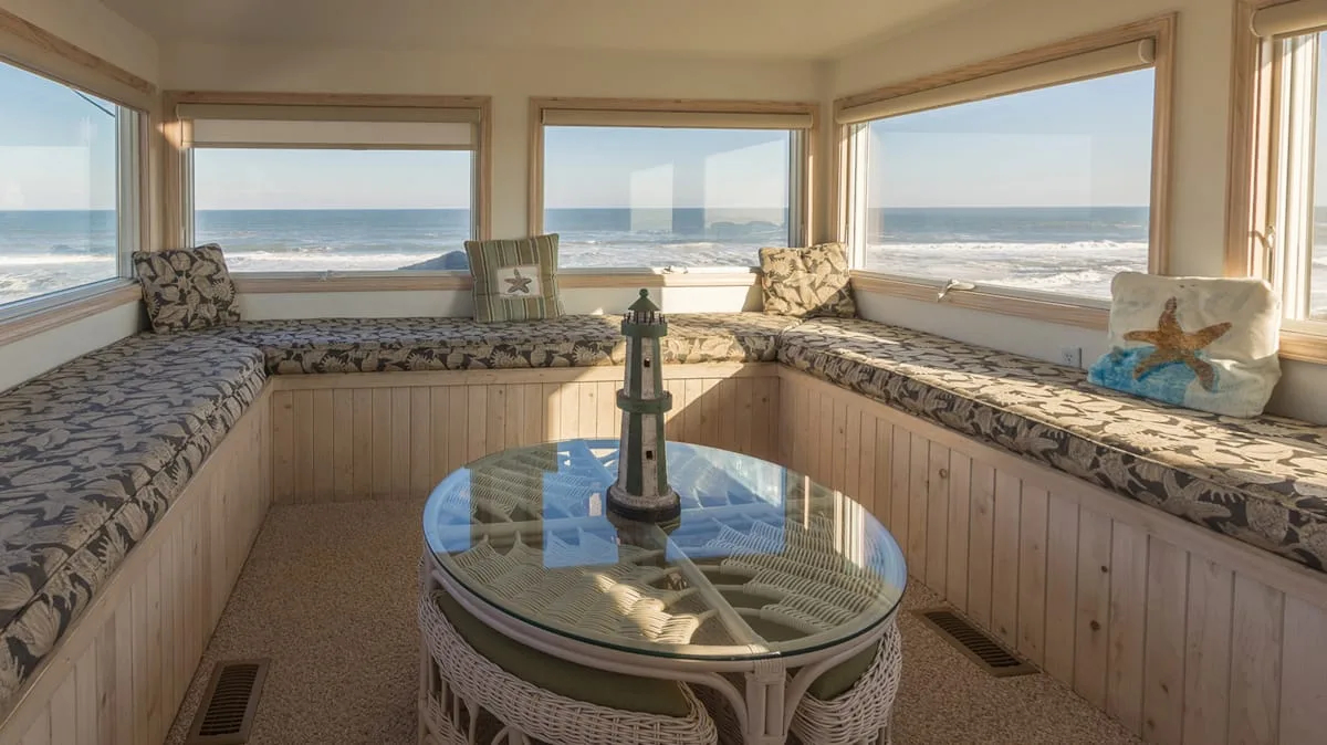 A bright sitting area has wraparound windows overlooking the ocean and built-in seating.