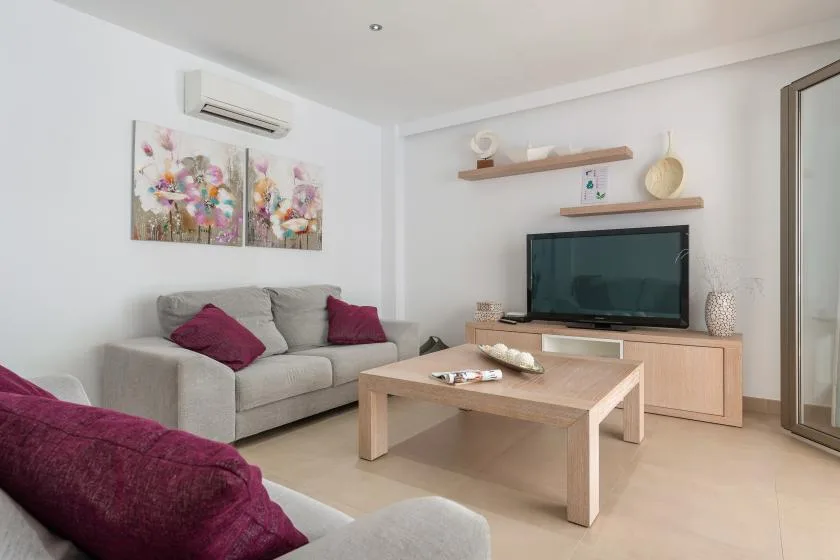 A bright living room with a sofa, coffee table, and television.