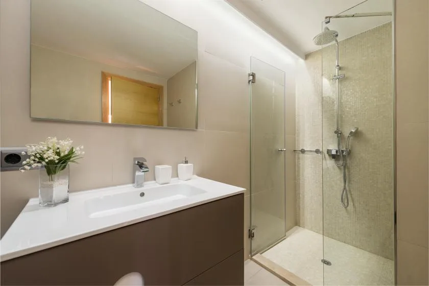 Un baño moderno con una amplia encimera de lavabo y una ducha de cristal.