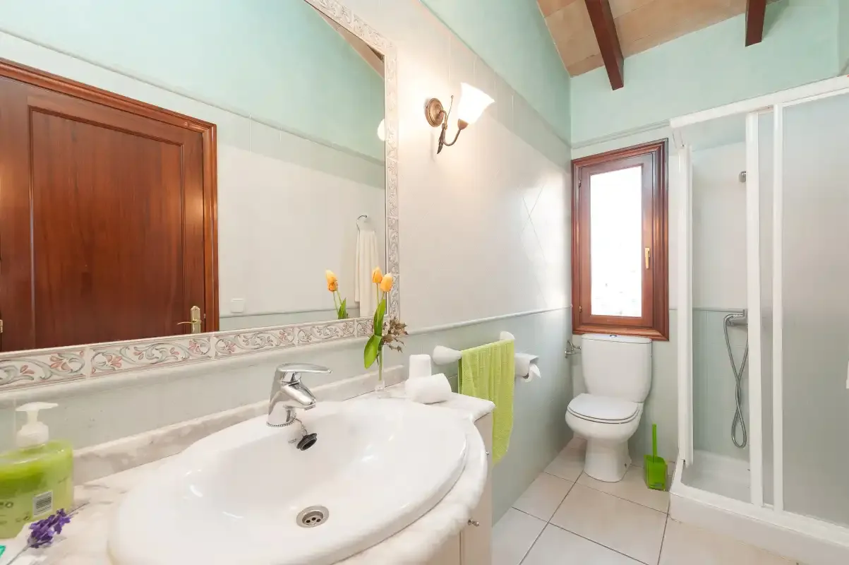 A bathroom with a sink, toilet, and glass shower.